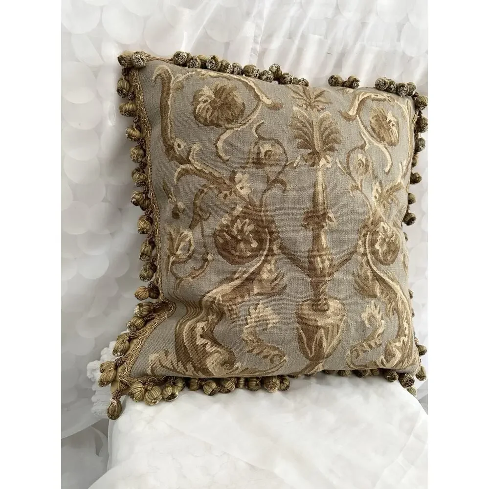 Vintage Aubusson Pineapple tapesty pillow Rococo Square Gold Grey Velvet 24”